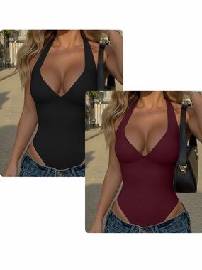 NEW! Halter V-Neck Bodysuits- 2 pack Red/Black (Medium)